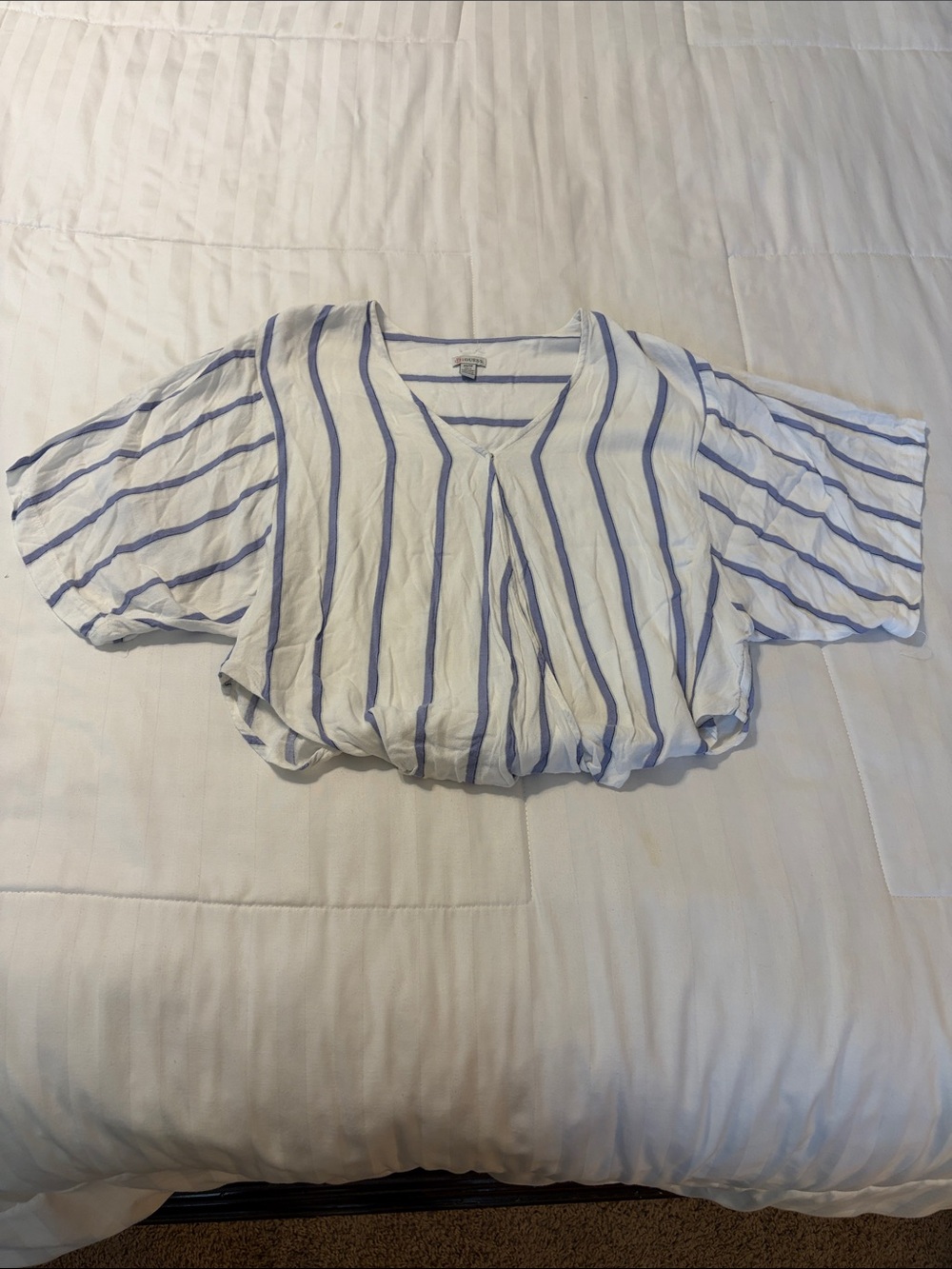 Guess White and Blue Vertical Stripe Bohemian V-Neck Blouse